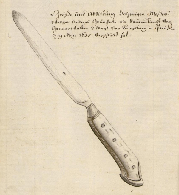 Seite aus dem Reisetagebuch des Johann Andreas Silbermann mit Vergleichsdarstellung des verschluckten Messers, 1741,  Sächsische Landesbibliothek – Staats- und Universitätsbibliothek Dresden.