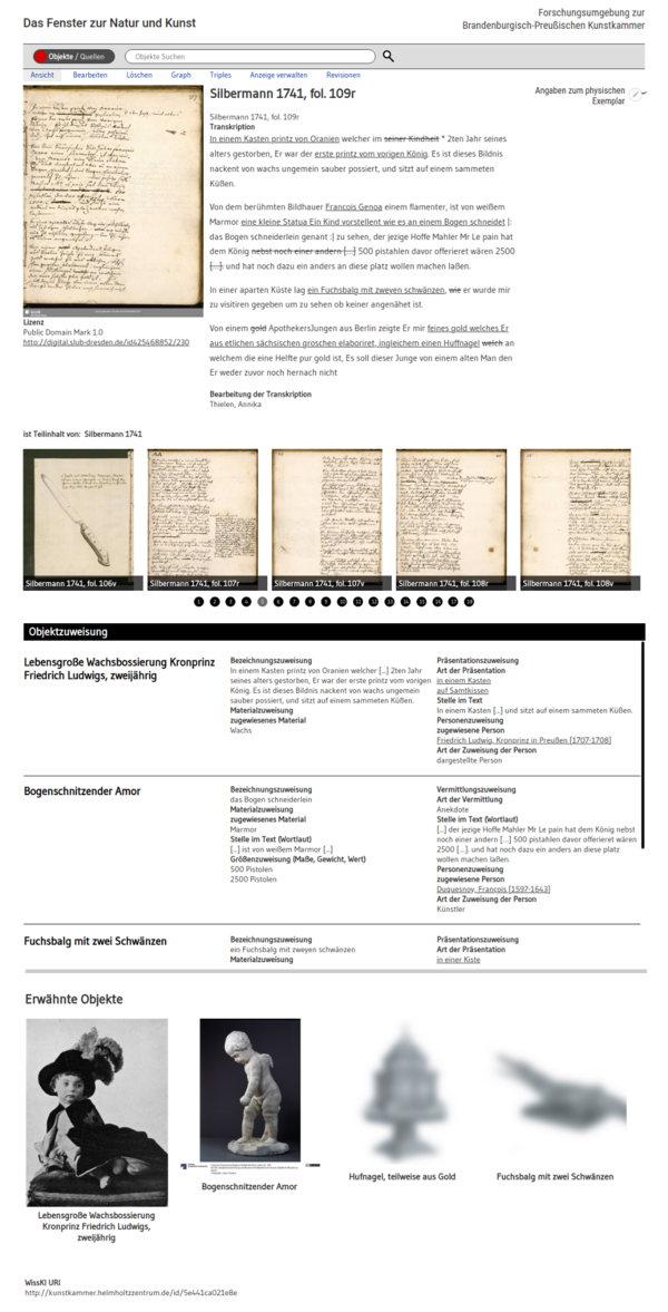 View of a source entry in the research environment with a digital copy, transcription, and the mentioned objects.