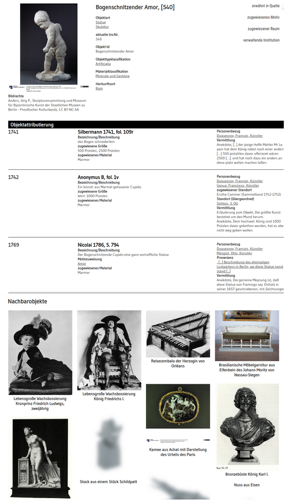 View of an object entry in the research environment with chronologically arranged information about relevant sources.